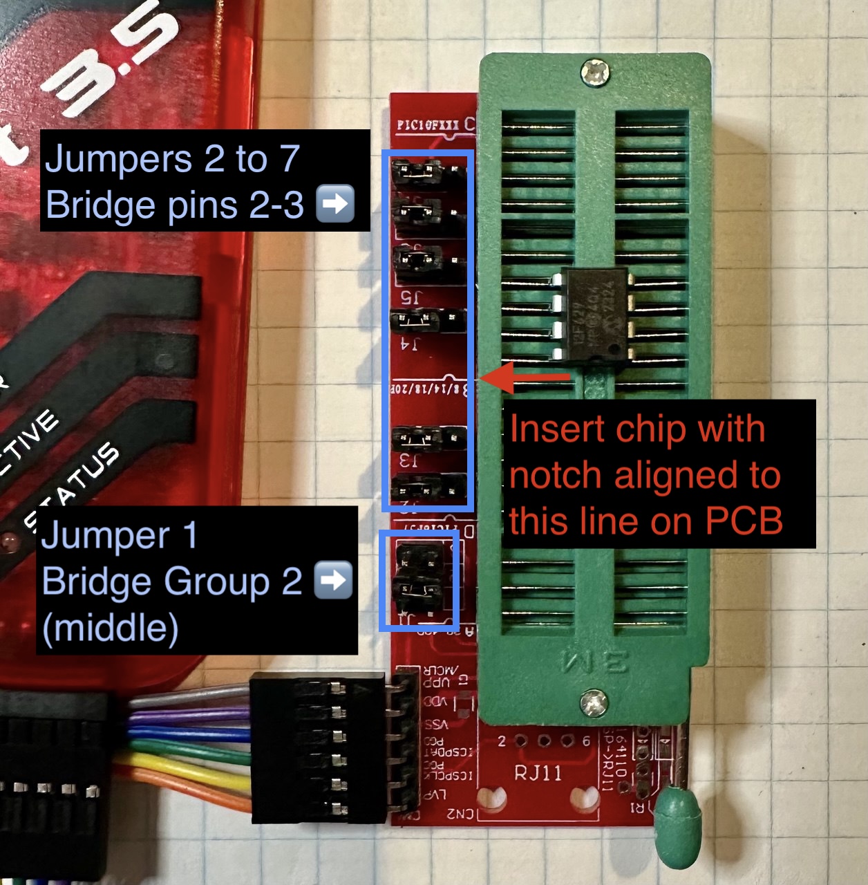 Jumper configuration for programming PIC12F629 and other DIP8/14/18/20 PIC chips.