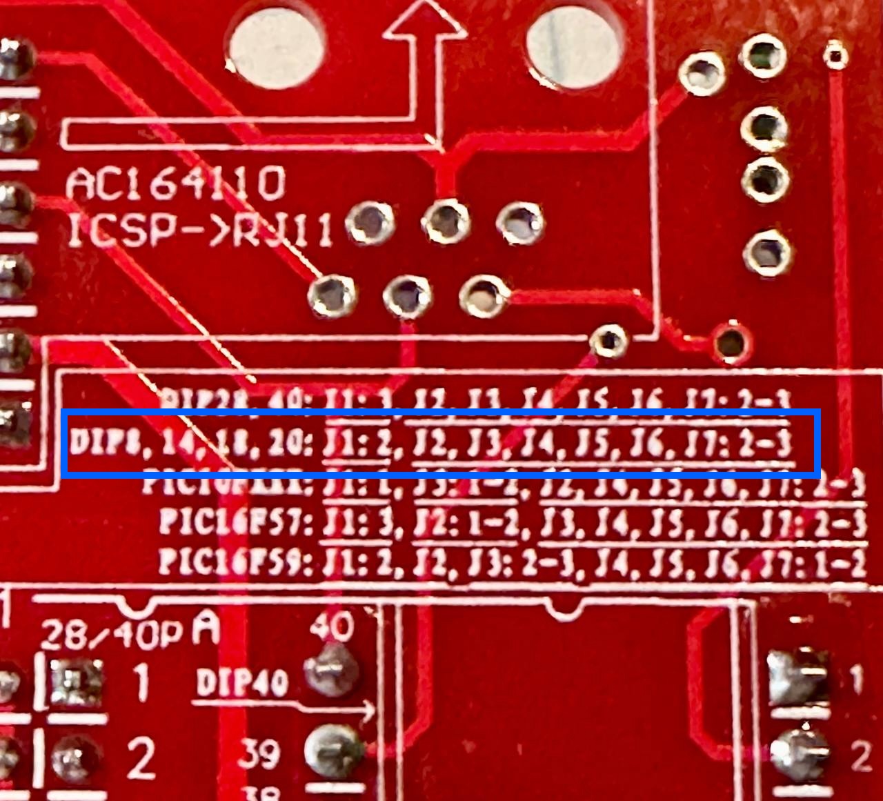 Adapter socket jumper configuration printed on the bottom of the adapter PCB.
