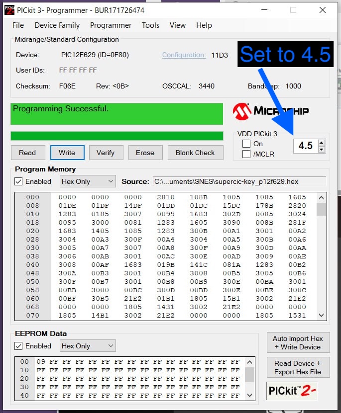 Screenshot of the PICkitminus software used to program the PIC chips.